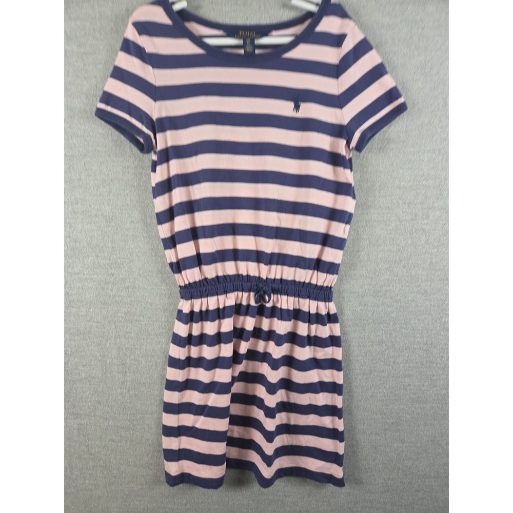 Polo Ralph Lauren Girls S Pink Blue Stripe Romper Mini Dress Cinch Waist Logo